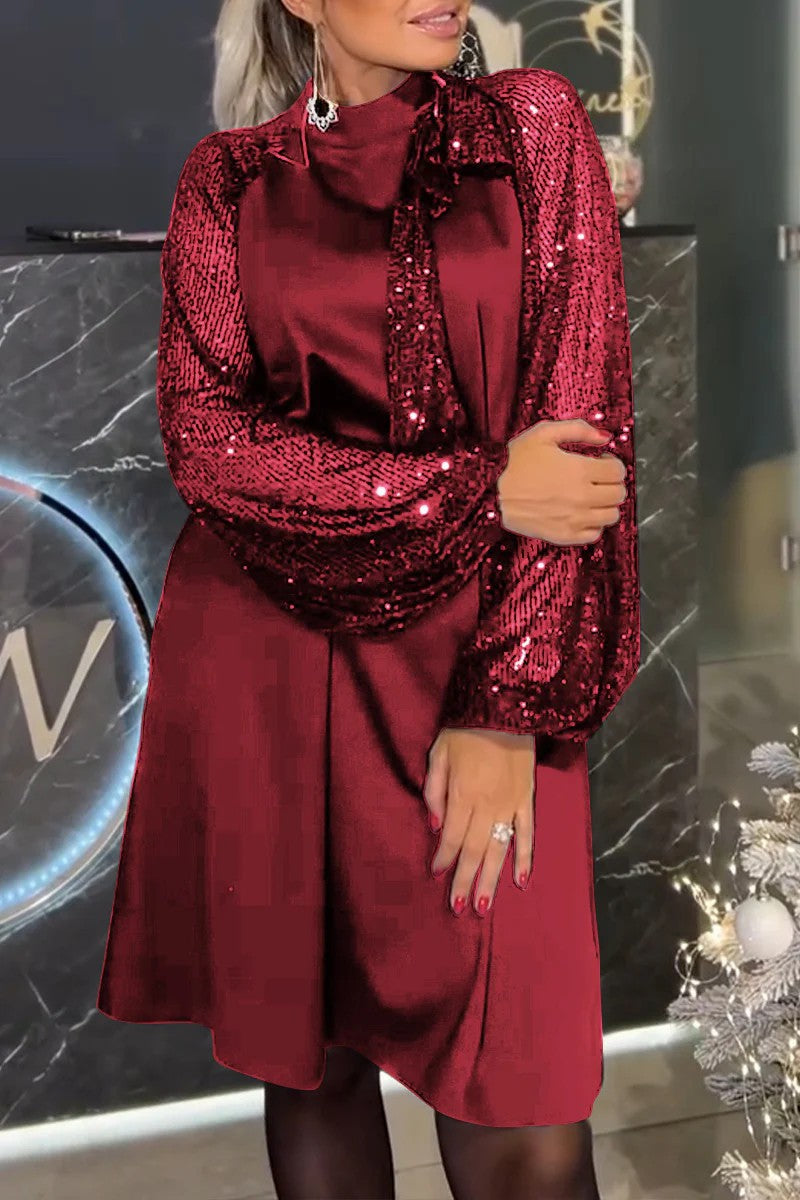 Street Wave Elegant Dress With Glitter Sleeves And Festive Collar For Women Evening Occasions Showstopping