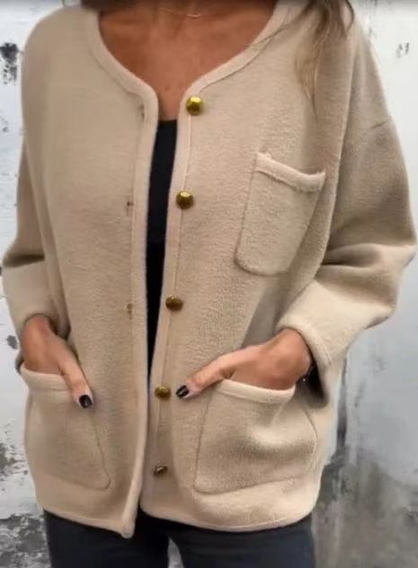 Street-wave Wool Coat For Women Round Neck Long Sleeve Warm Versatile All-Season Outerwear