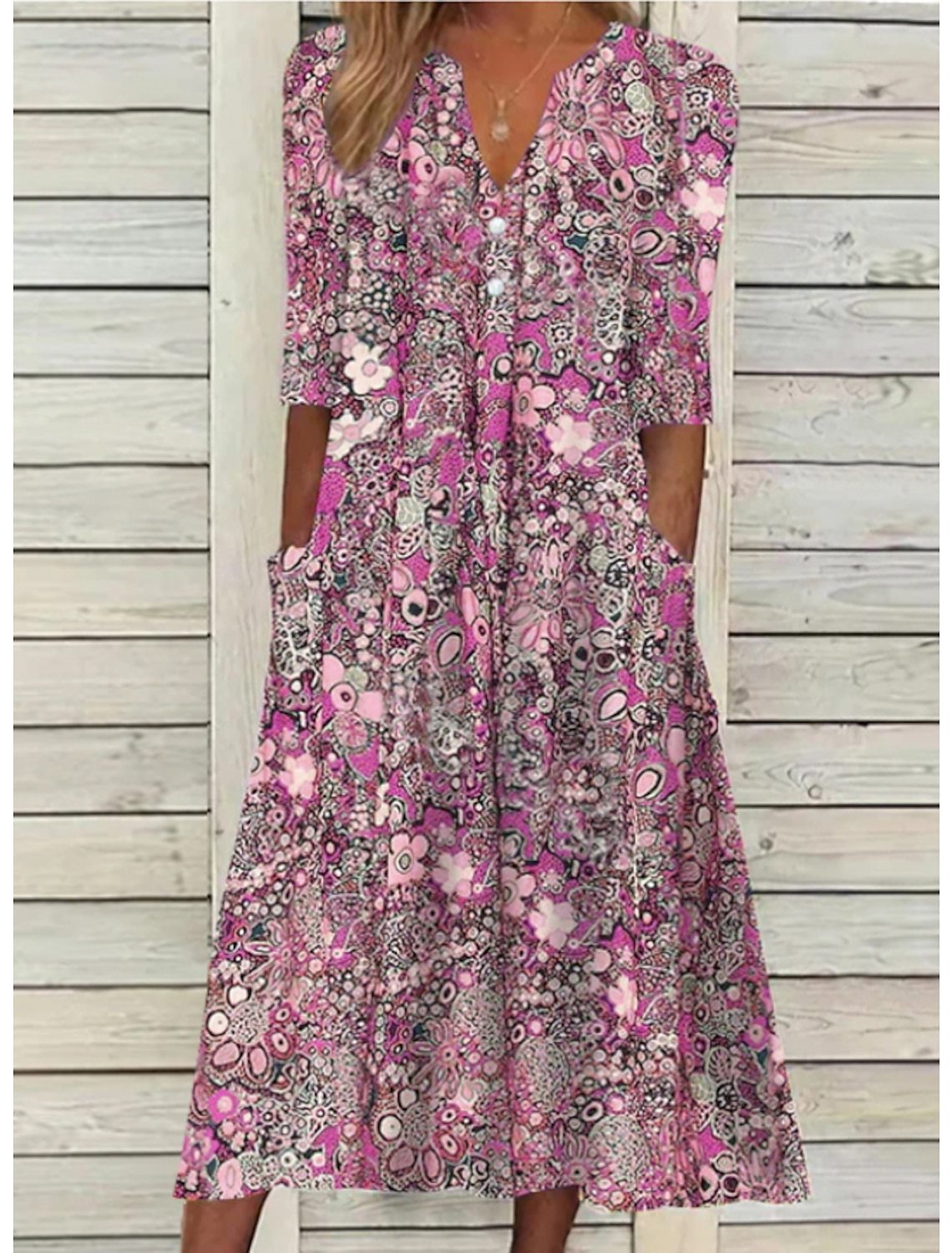 Street-Wave Floral Midi Dress With Pockets For Women V Neck Button Front Lightweight Boho Chic