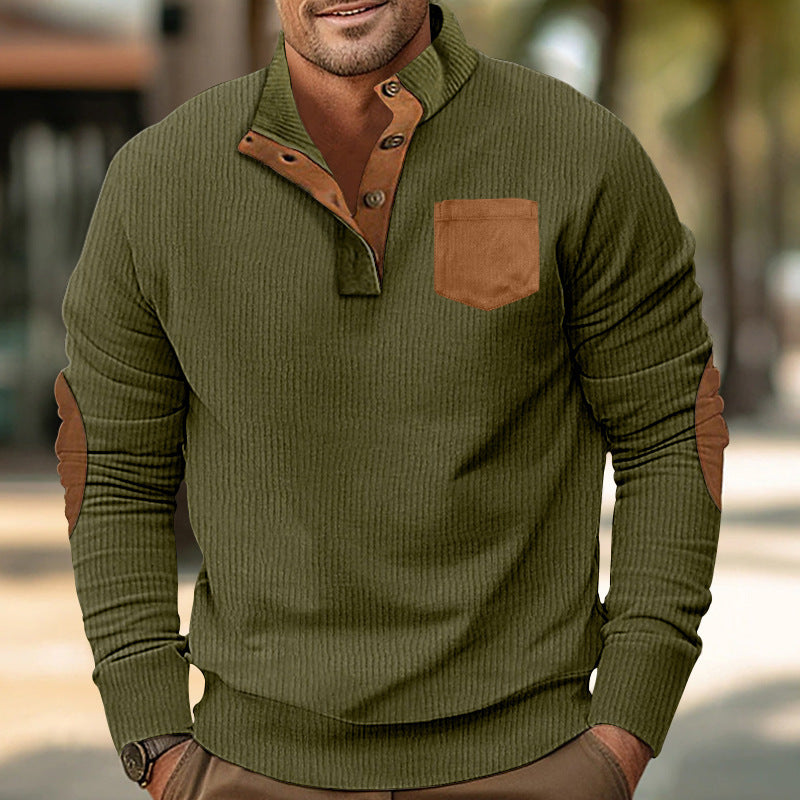 Street-wave Men's Comfortable Stand Collar Pullover With Contrast Pocket Detail And Modern Style