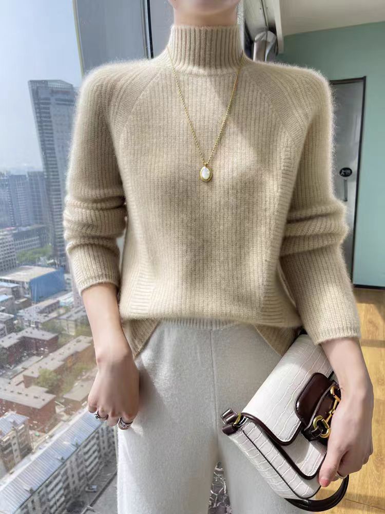 Street-Wave Womens High Neck Knit Sweater With Fine Rib Texture Cozy Warmth For Cold Weather