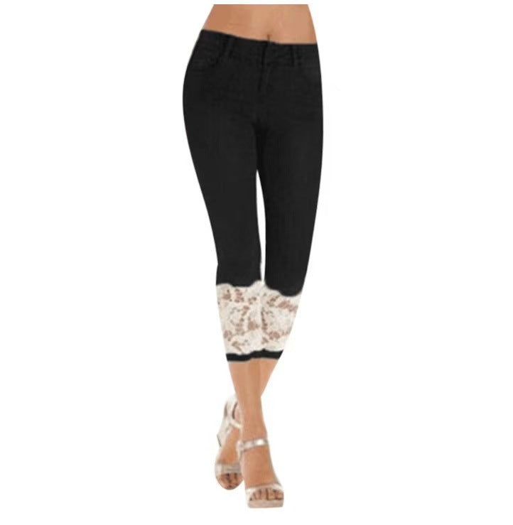 Street-Wave Lace Trim Jeans For Women, Figure-Flattering Denim With Elegant Lace Hem
