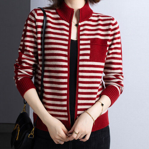 Street-wave Womens Knit Cardigan With Stand Collar And Zip Striped Cozy Layer For Women