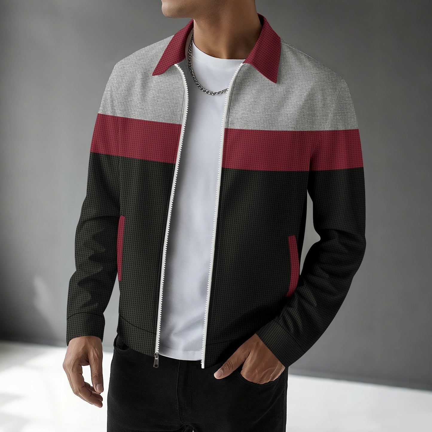 Men's Street-wave Bomber Jacket With Textured Fabric And Color Block Contrast For Modern Men