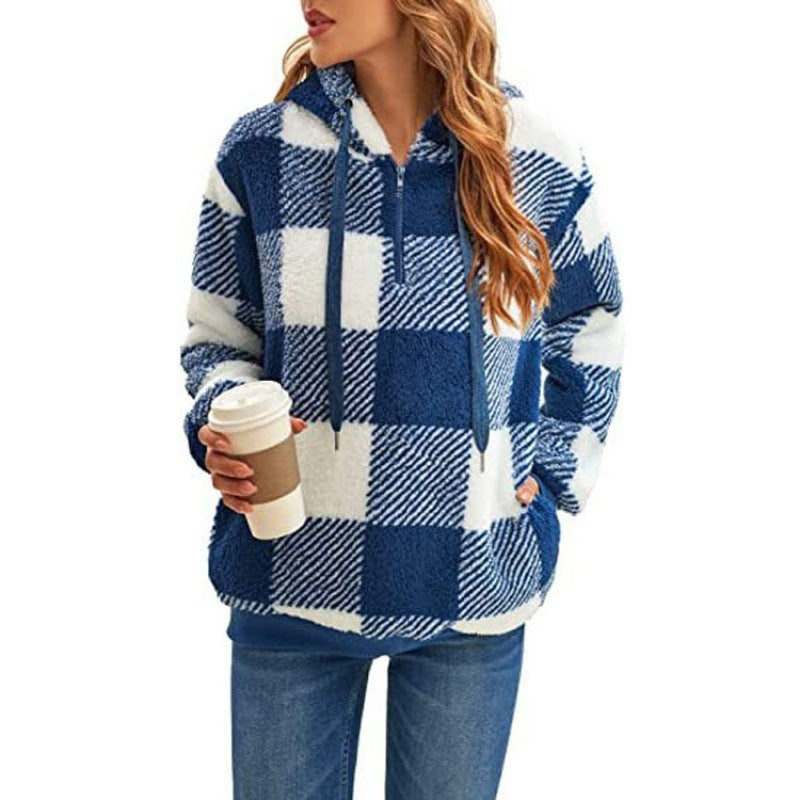 Street-wave Cozy Fleece Hoodie for Women Pink Plaid Warmth and Soft Comfort Everyday Wear