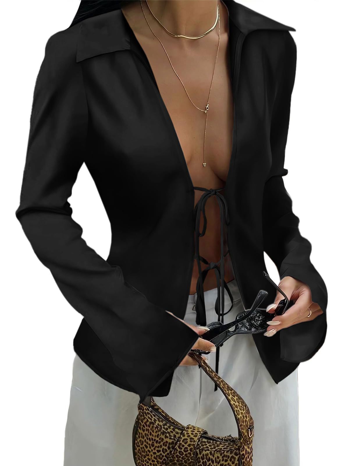 Street-Wave Women's Elegant Lace-Up Blouse With Wide Sleeves For Style Conscious Professionals Breathable Fabric
