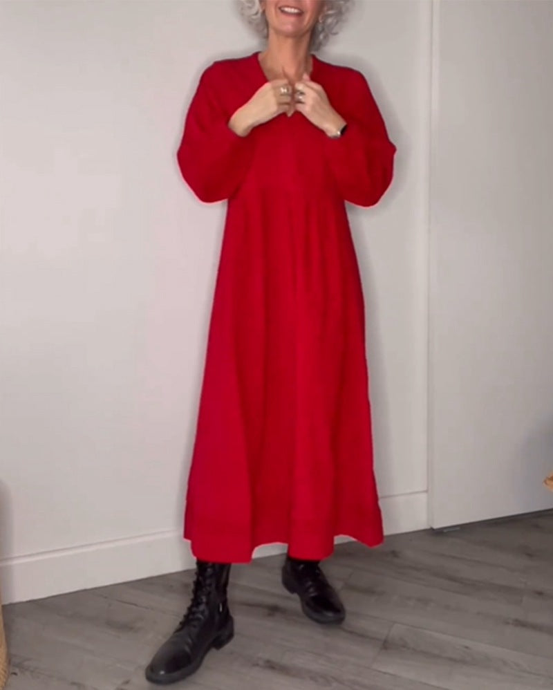 Street-wave Womens Maxi Dress With Elegant V-Neck And Comfortable Long Sleeves In Breathable Fabric For All Day Comfort