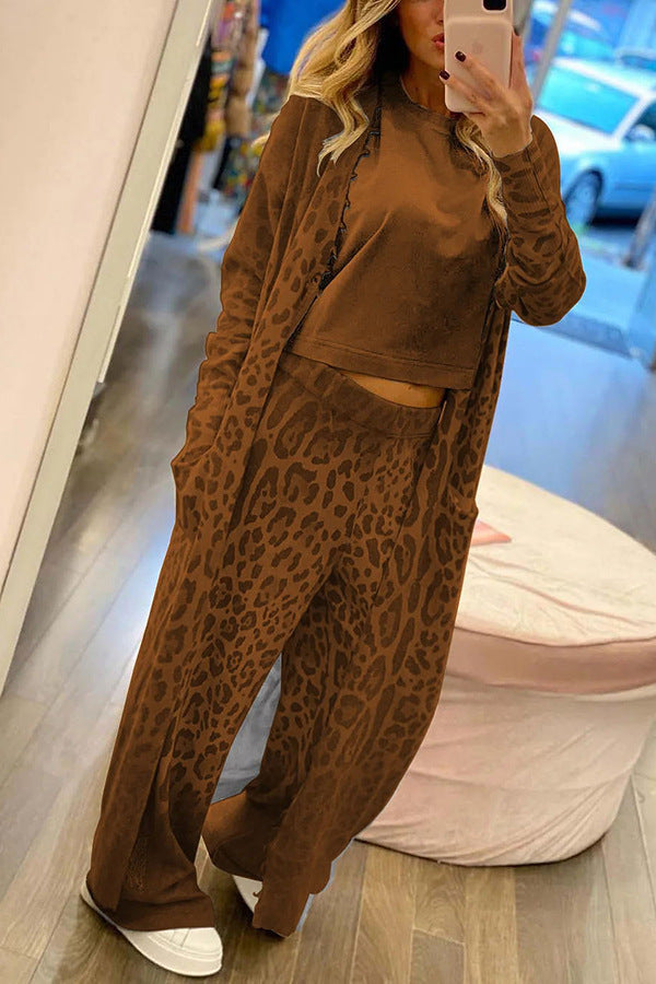 Street-Wave Leopard Print Cardigan And Pants Set For Women Cozy Knit Lounge Outfit With Relaxed Fit