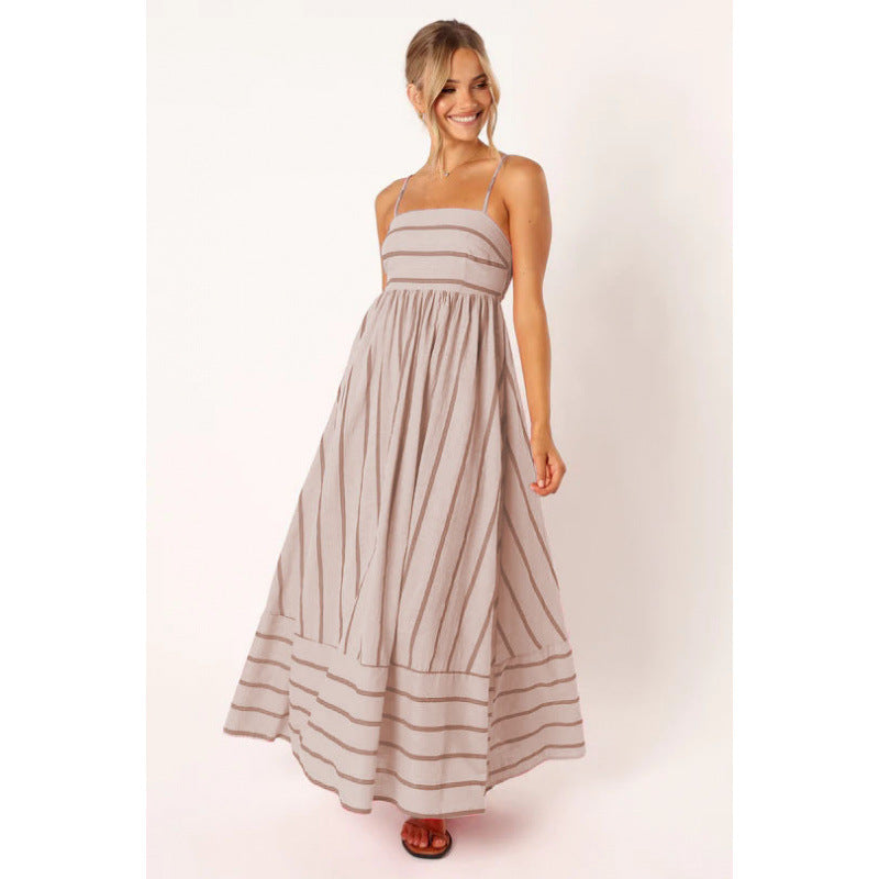 Street Wave Women Striped Maxi Dress With Elastic Waist For Elegant Breathable Comfort