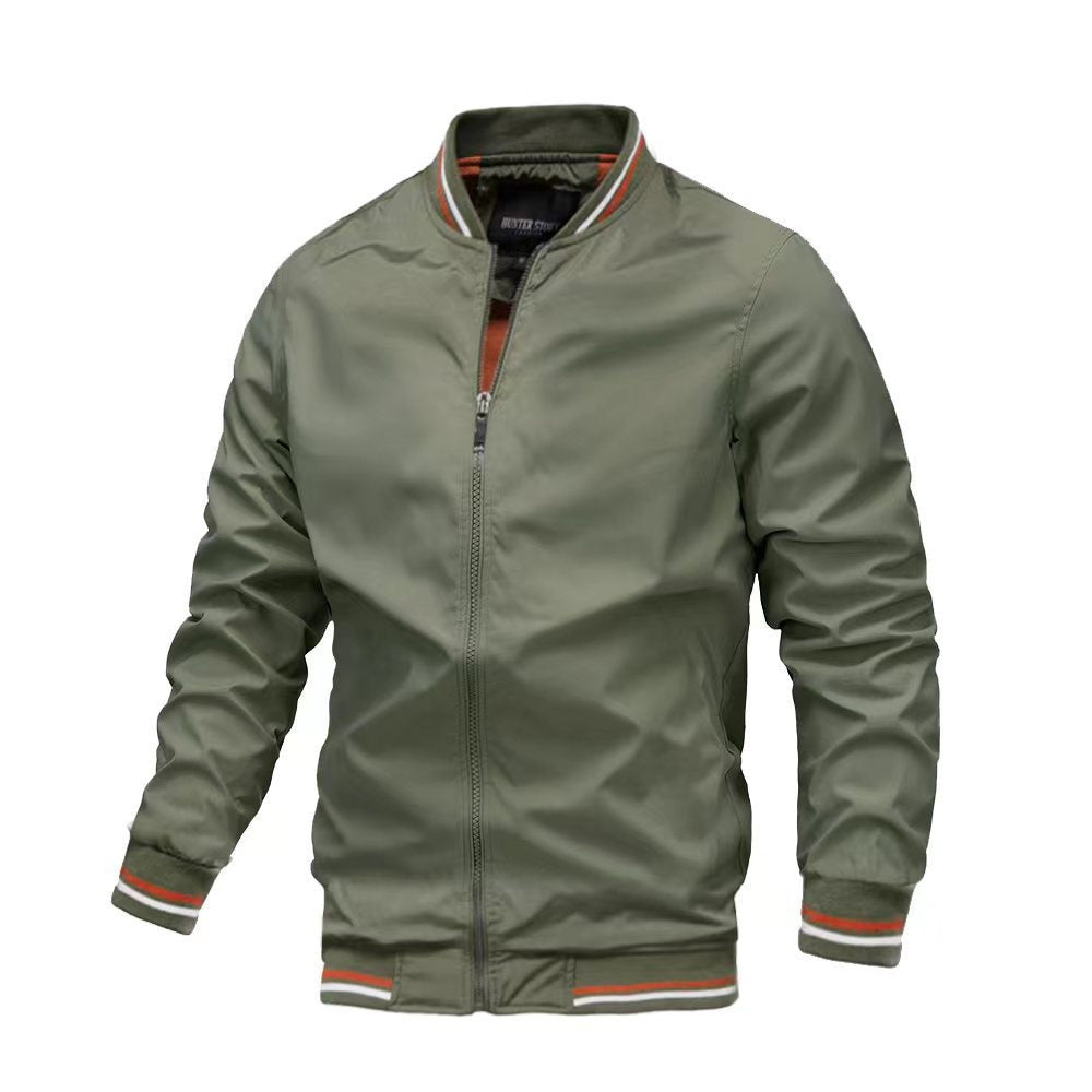 Mens Casual Jacket Slim Fit Stand Collar Zip Front Closure With Ribbed Cuffs Lightweight Bomber Style Outerwear