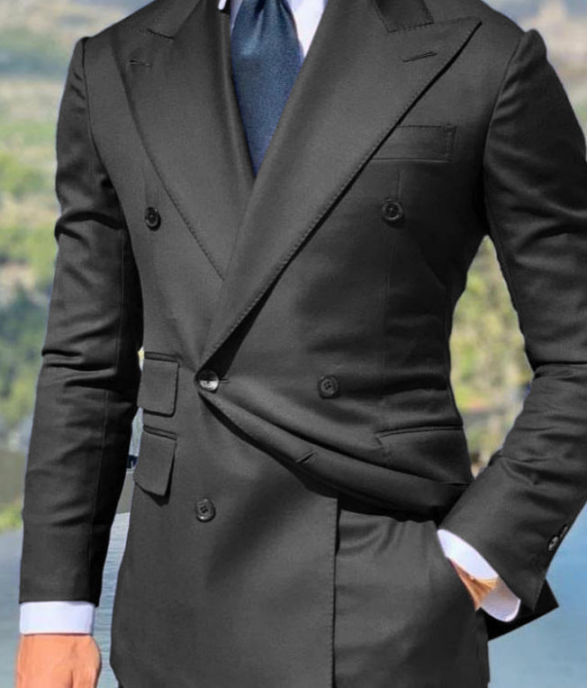 Street-Wave Mens Slim Fit Double Breasted Wool Blend Blazer Peak Lapel Formal
