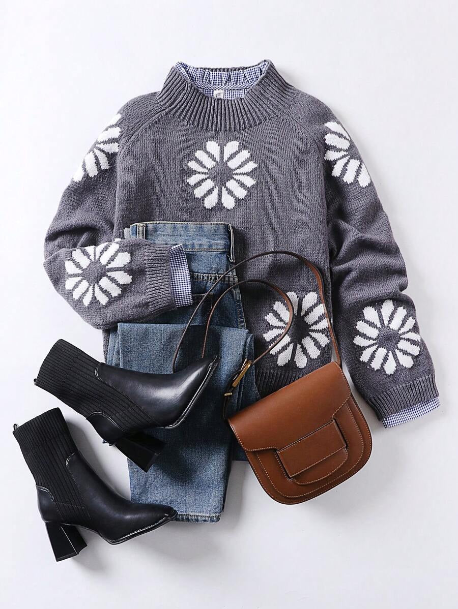 Street-Wave Women Floral Knit Sweater With Soft Breathable Fabric And Modern Crew Neck