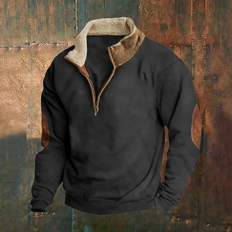Street-Wave Men's Fleece Pullover With High Collar And Rugged Appliques For Warm Comfort
