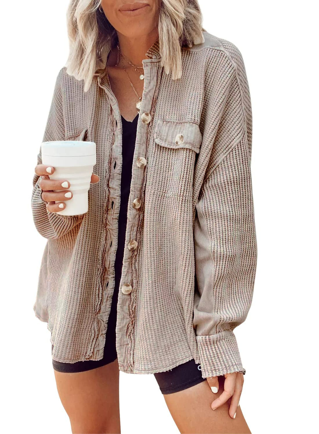 Streetwave Womens Oversized Waffle Knit Shirt Jacket Breathable Comfort Versatile Layering
