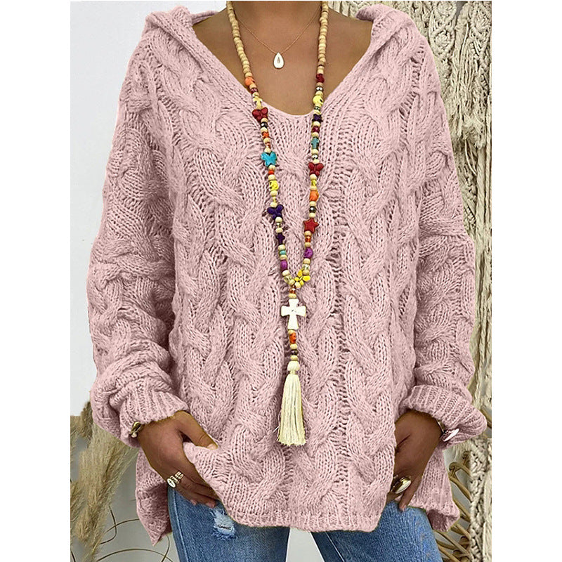 Streetwave Womens Chunky Knit Hoodie With V Neck And Decorative Drawstring For Cozy Everyday Comfort