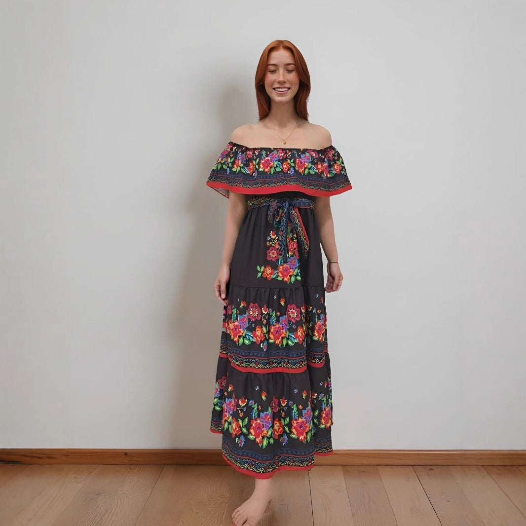 Street-Wave Floral Off Shoulder Maxi Dress With Ruched Bodice For Women