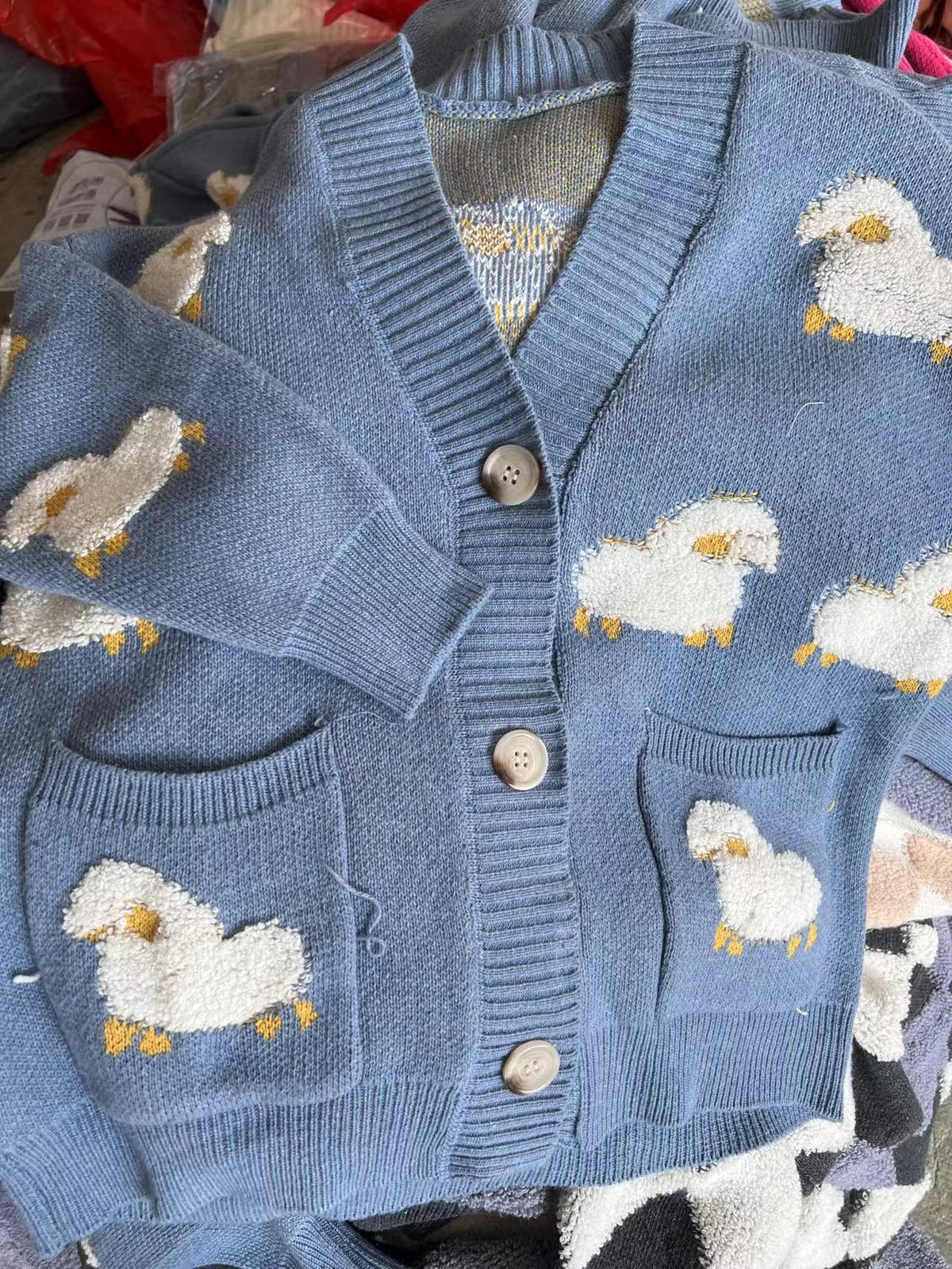 Streetwave Women Knit Cardigan With Playful Sheep Motif Cozy Cotton Blend Pockets