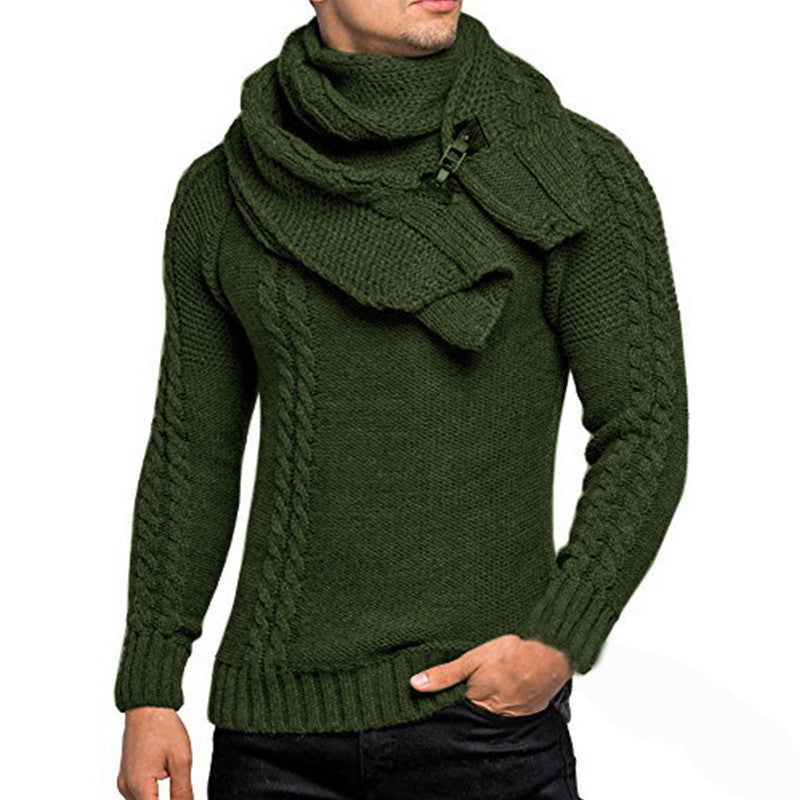 Street-wave Men's Cable Knit Sweater With Integrated Scarf for All-Season Warmth
