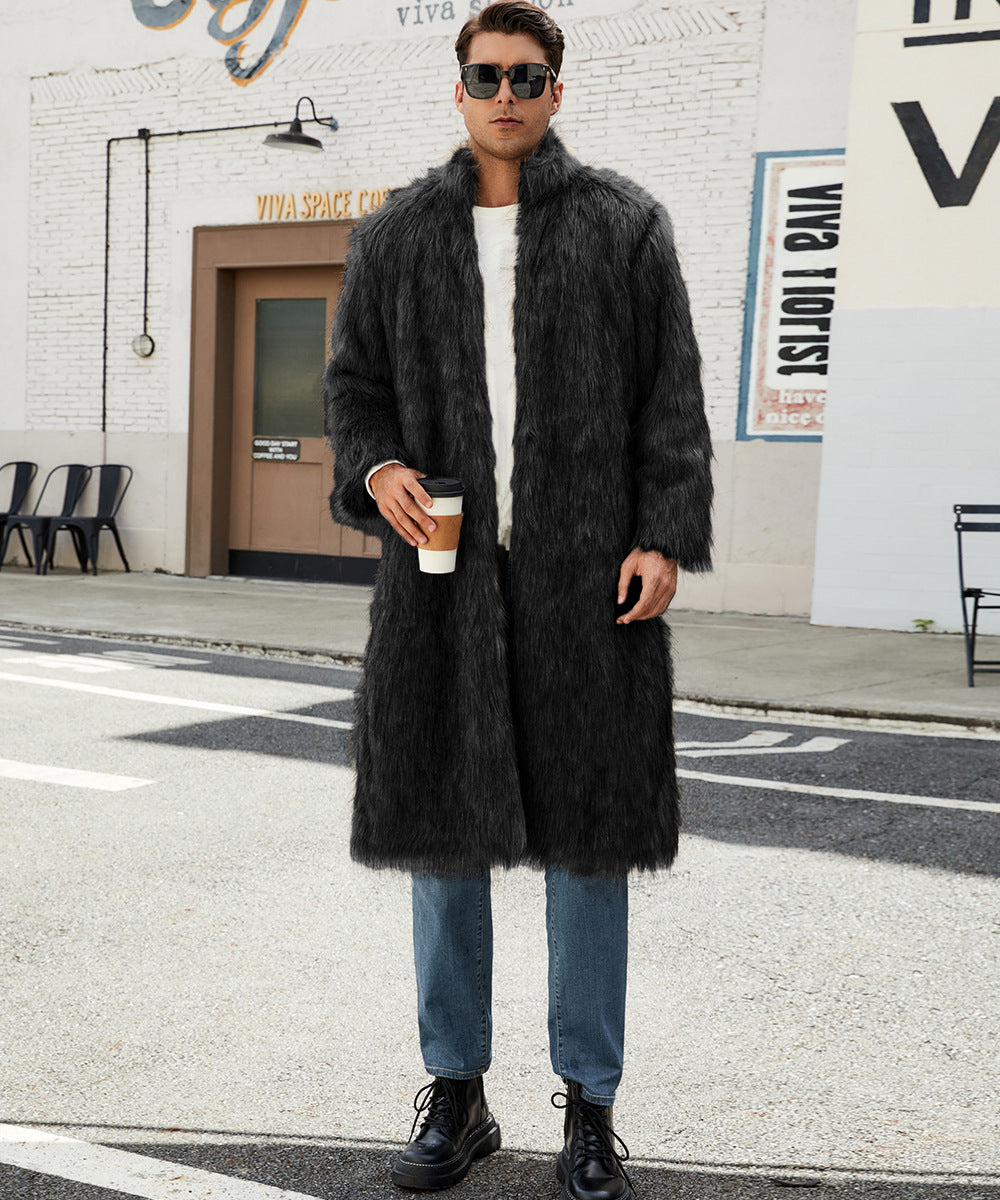Street-wave Men's Faux Fur Long Coat - Elegant Cozy Winter Warmth for Modern Gentlemen