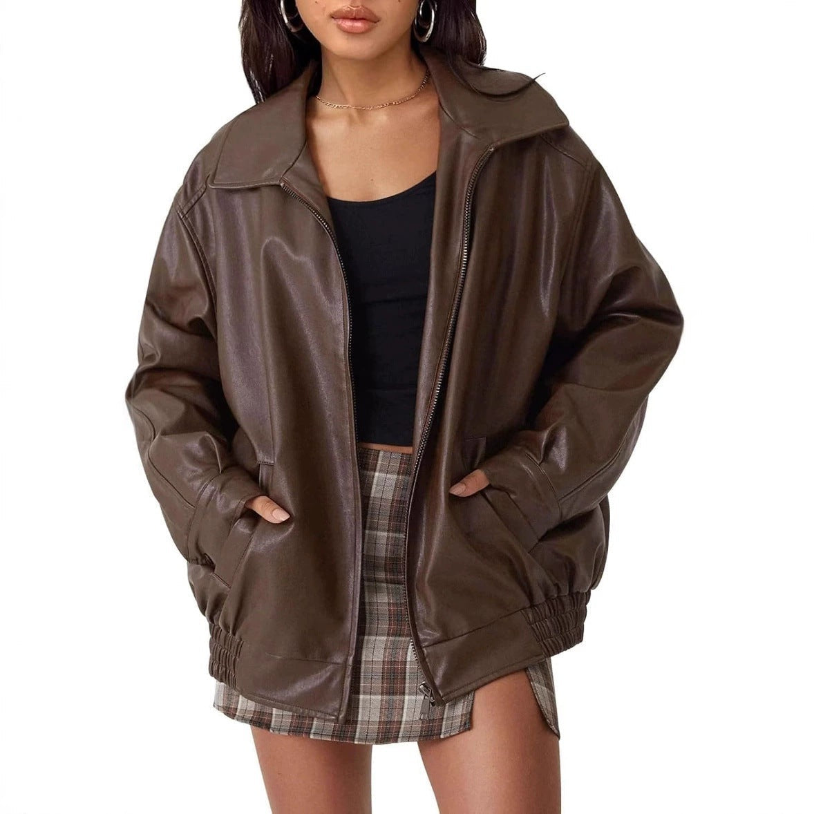 Oversized Leather Jacket Women Street-wave Trendy Soft Faux Leather Outerwear All-Season Comfort