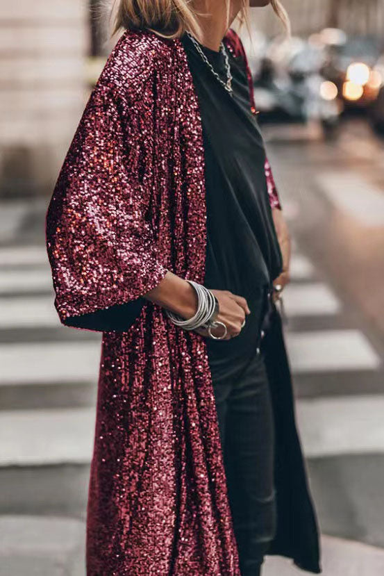 Street Wave Sequined Cardigan With Glam Glitter Fabric And Three Quarter Sleeves For Party Ready Women
