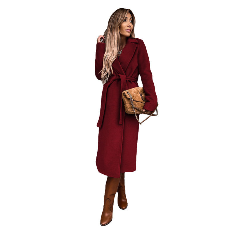 Street-Wave Womens Elegant Long Coat With Belt And Pockets Timeless Warm Outerwear For Chic Women