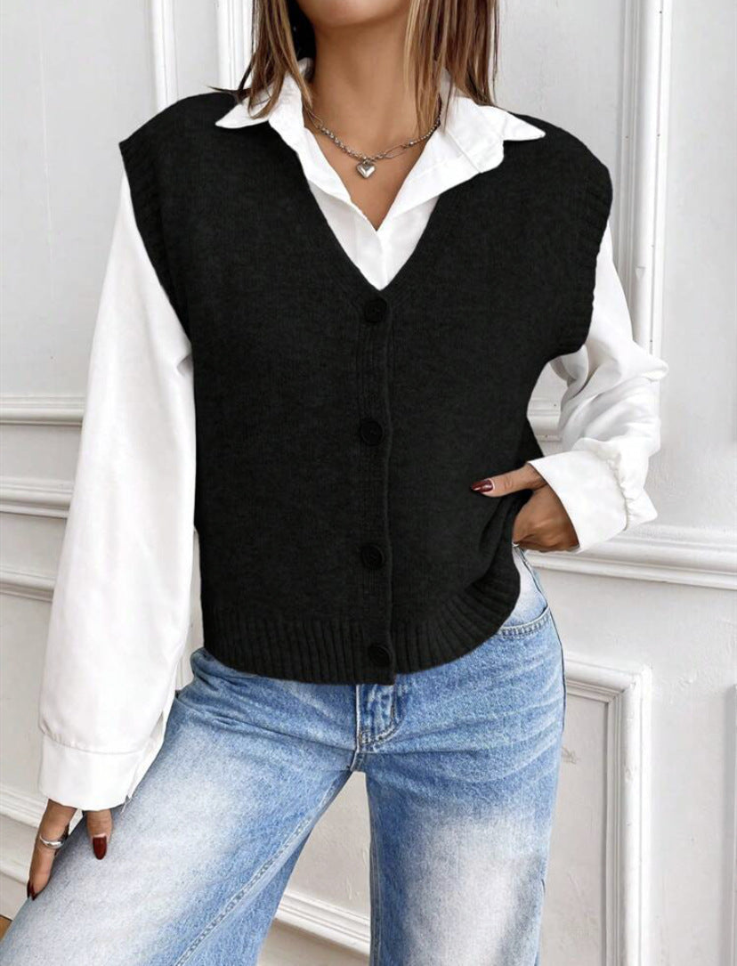 Street-wave Womens Knit Vest V Neck Button Front For Everyday Women Stylish Layering Top