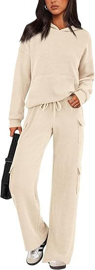 Street Wave Women Cozy Lounge Set With Hood And Wide Leg Pants For Home Comfort