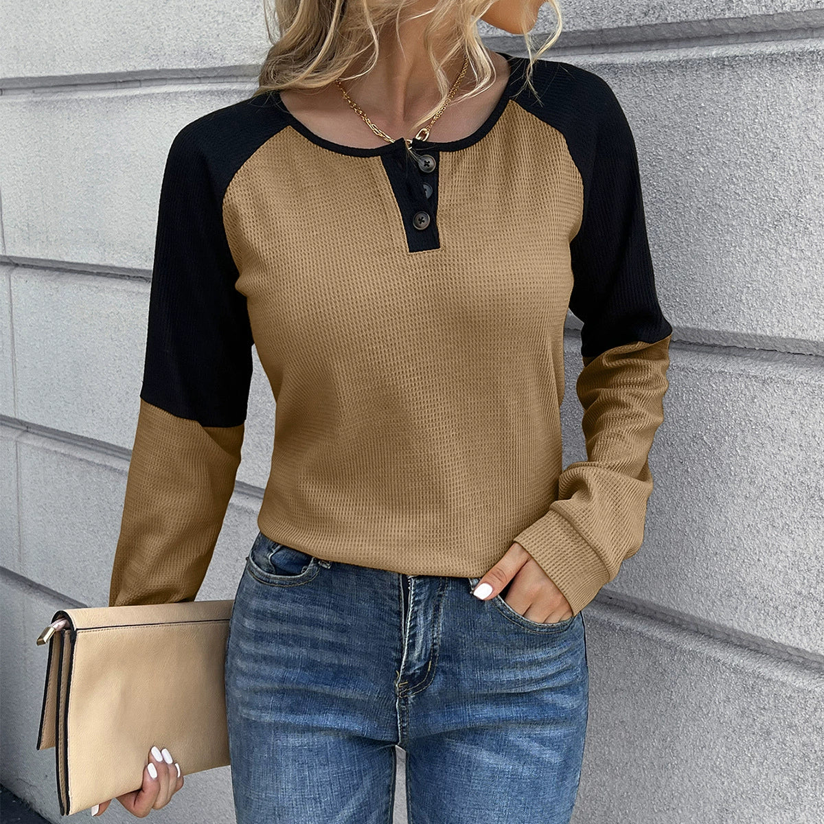 Waffle Knit Long Sleeve Tee For Women Street Wave Cozy Relaxed Fit