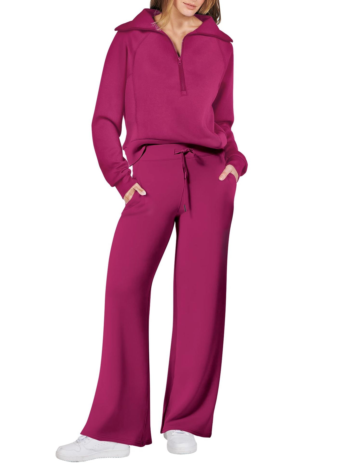 Street-wave Women’s Cozy Two Piece Set With Zip Front And Pockets Casual Loungewear For Home