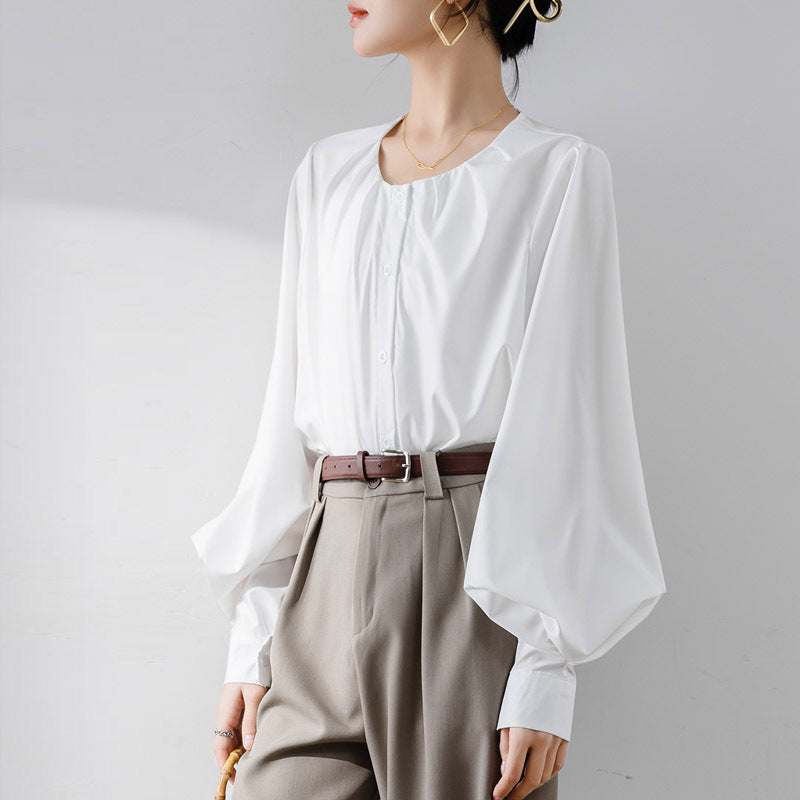 Women's Blouse – Loose Fit – Lantern Sleeves – Round Neck – Button Closure – Elegant Design