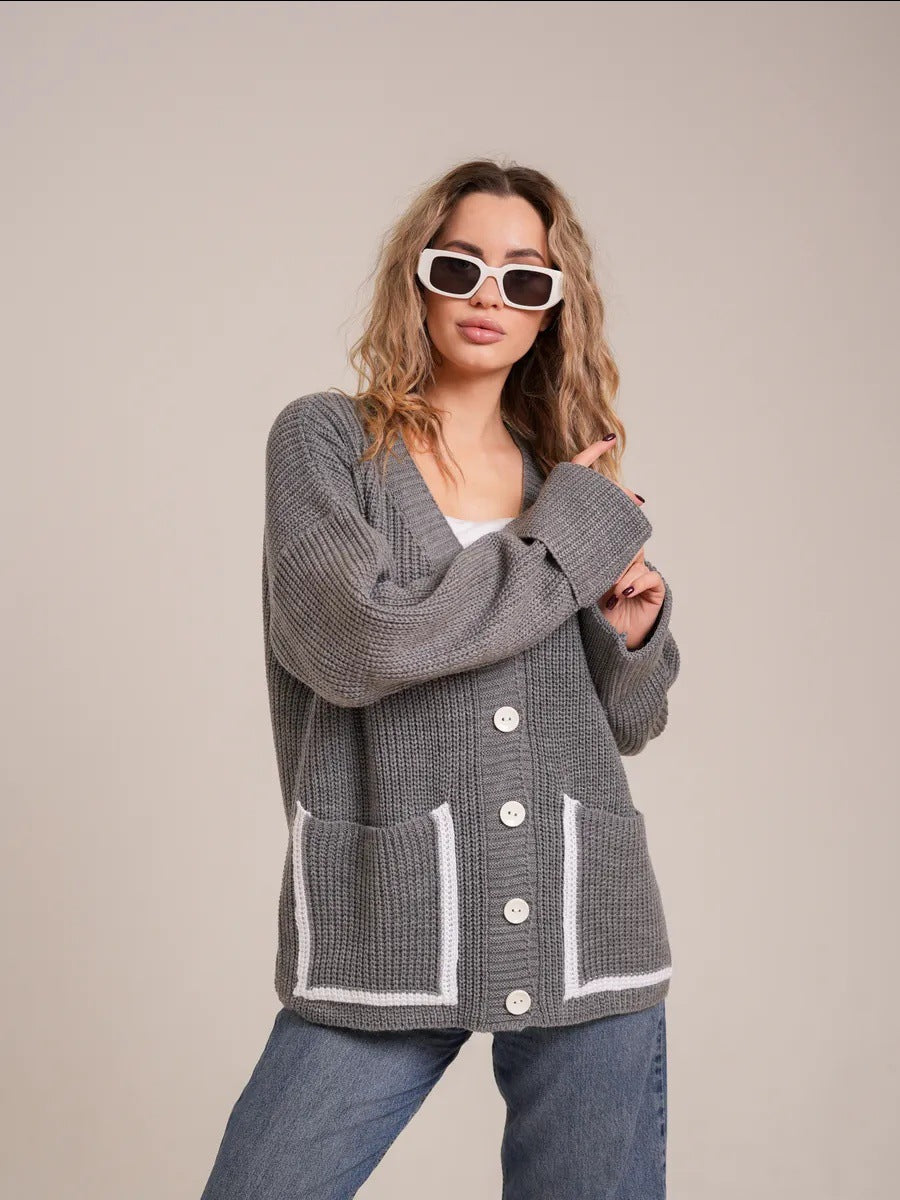 Street-Wave Womens Cozy Knit Cardigan With Oversized Collar And Practical Front Pockets For All Day Comfort