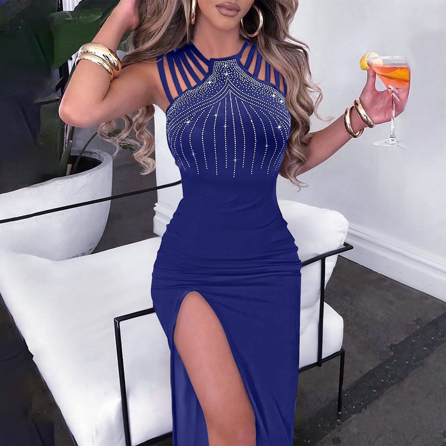 Street Wave Sequin Embellished Evening Dress With Rhinestone Detailing For Women High Slit