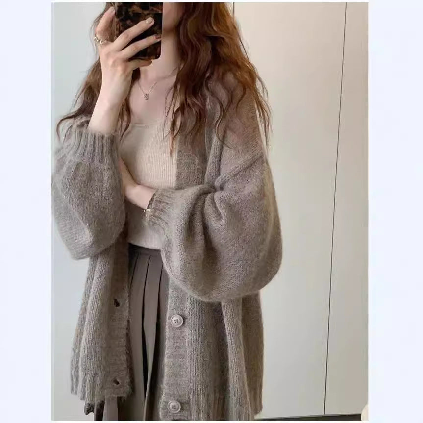Street-wave Women Oversized Knit Cardigan With Voluminous Sleeves And Practical Pockets