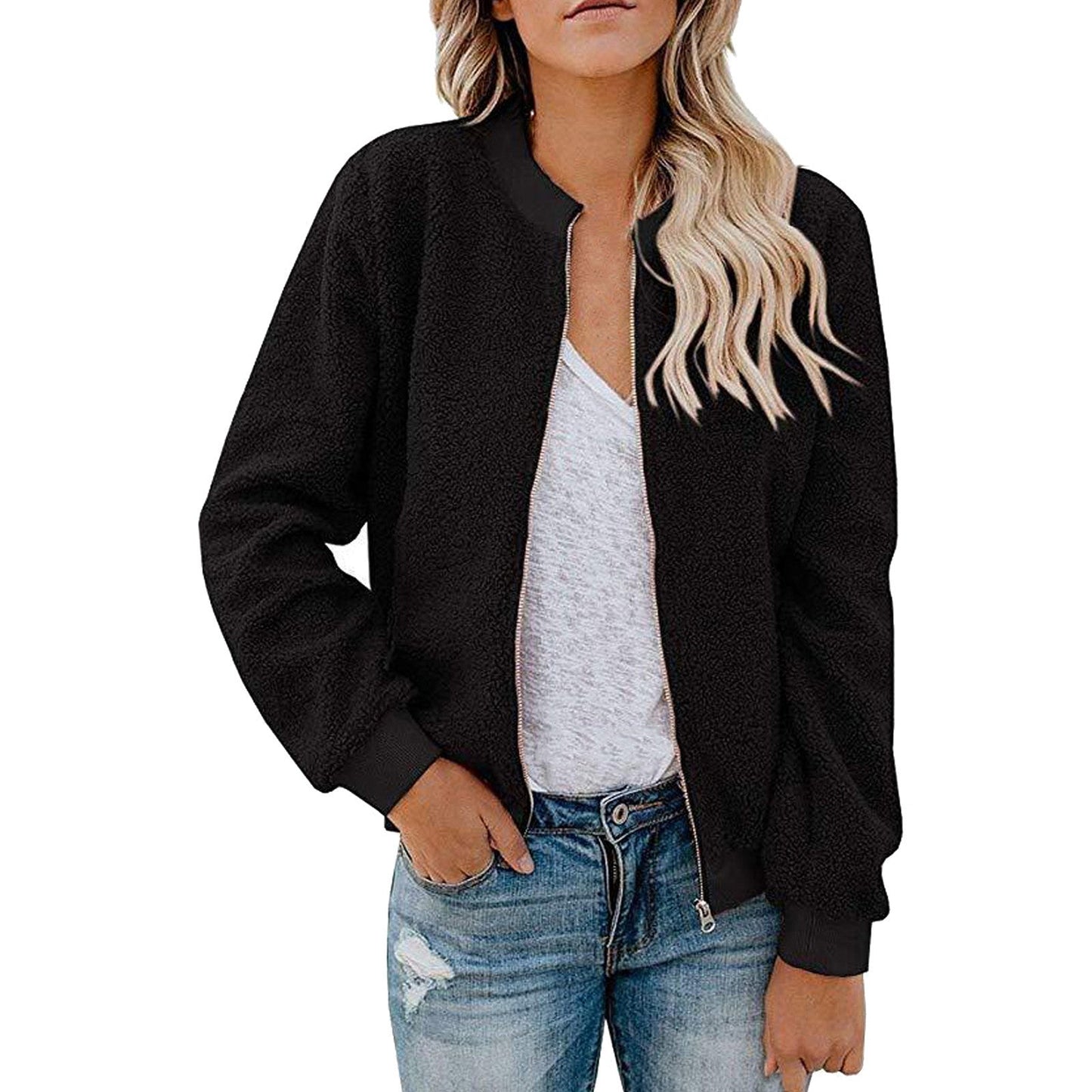 Street Wave Womens Fleece Bomber Jacket With Stand Collar Cozy Warm Everyday Wear