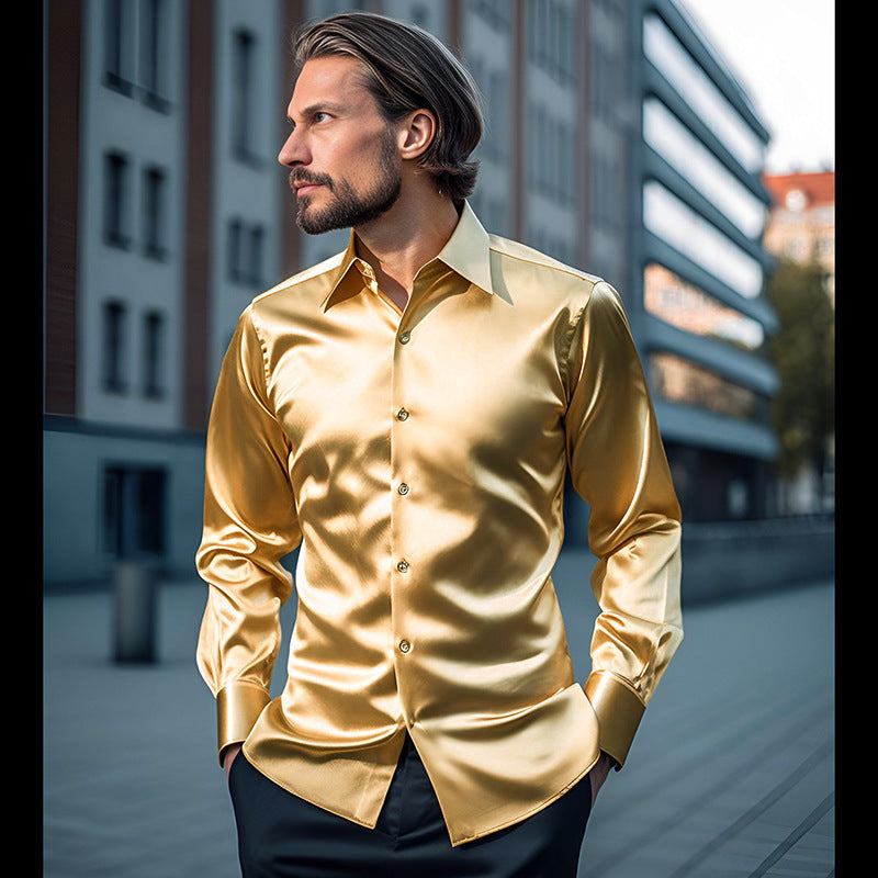 Street-wave Satin Shirt for Men with Modern Collar Luxury Shine For Formal Events Ideal Office And Evening Wear