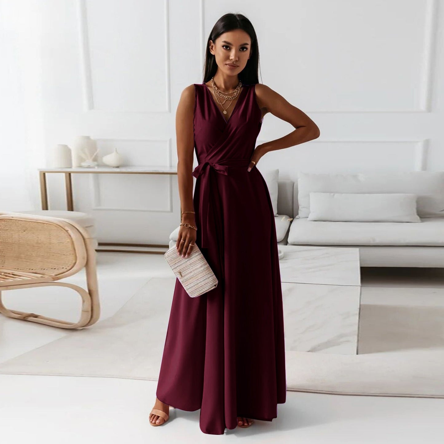 Street-Wave Elegant Wrap Dress For Women With Waist Tie Floor-Length Evening Gown For Weddings