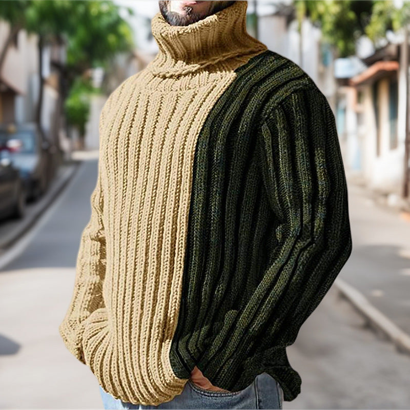 Mens Turtleneck Sweater With Structured Rib Design By Streetwave Soft Wool Colorblock Beige And Dark Green For Men