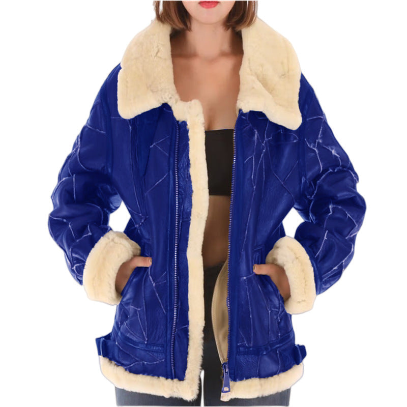 Street-Wave Women Faux Fur Lined Aviator Bomber Jacket For Winter Warm Cozy Style Streetwear
