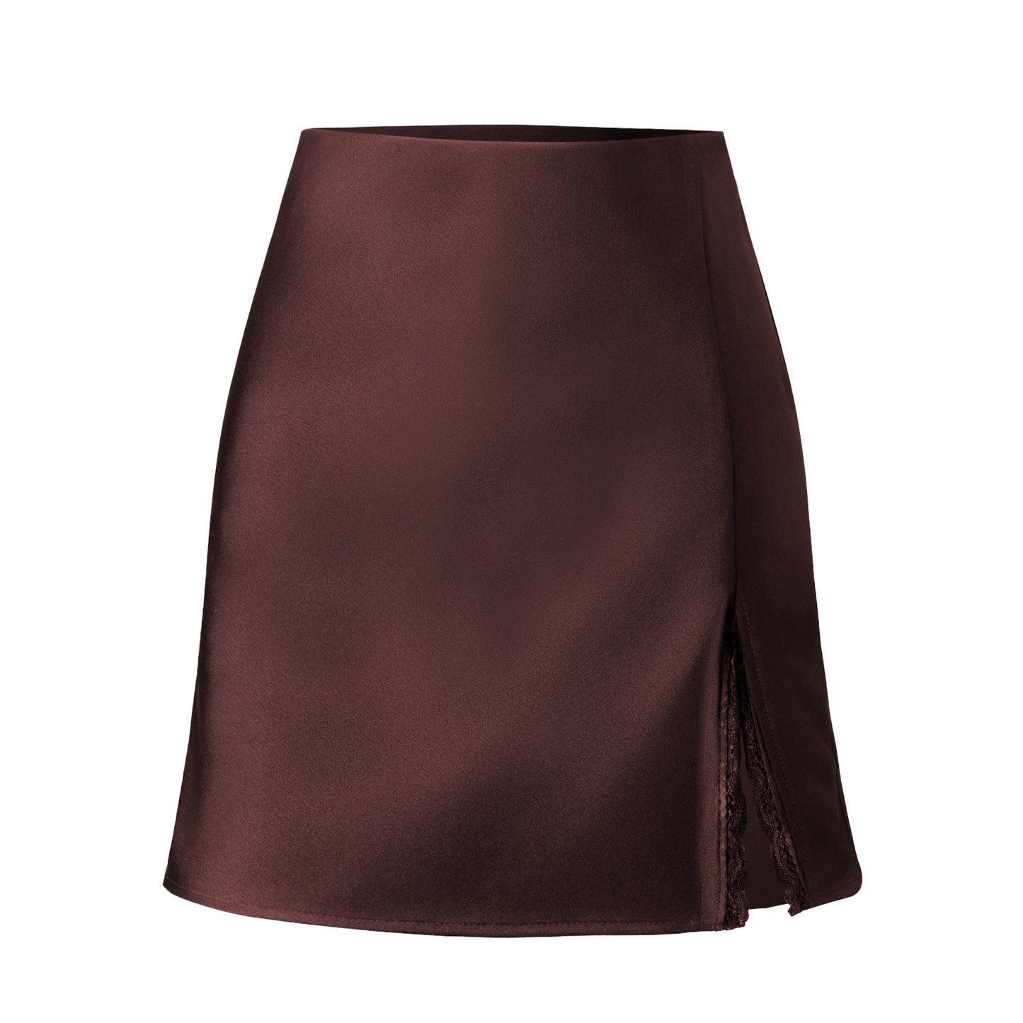 Street Wave Satin Skirt With Side Slit And Lace Trim For Chic Fashion Conscious Women