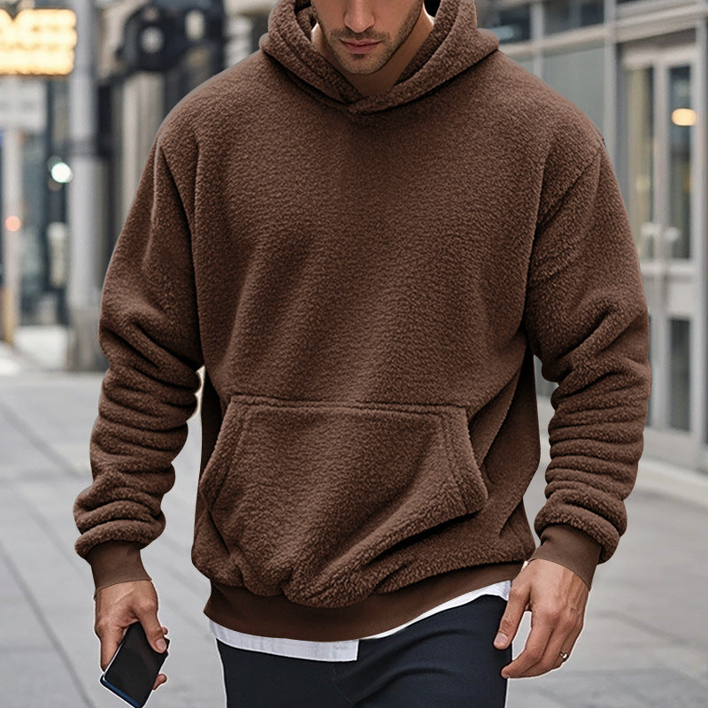 Men's Teddy Fleece Hoodie Street Wave Cozy Warmth With Kangaroo Pocket And Wide Cuffs