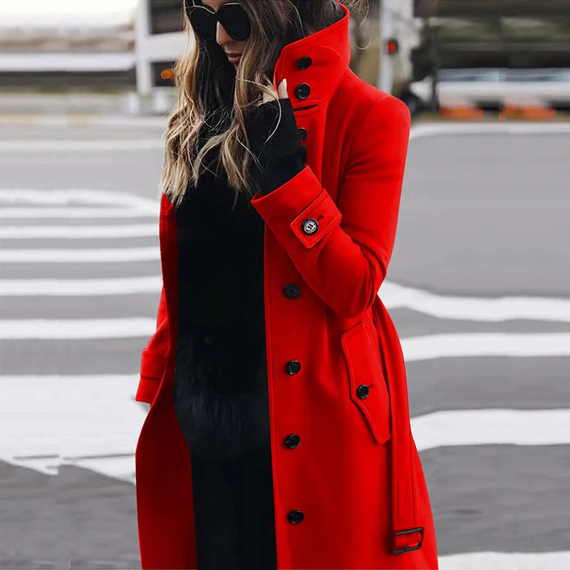 Elegant High Collar Coat For Women By Street-Wave With Practical Pockets For Timeless Chic