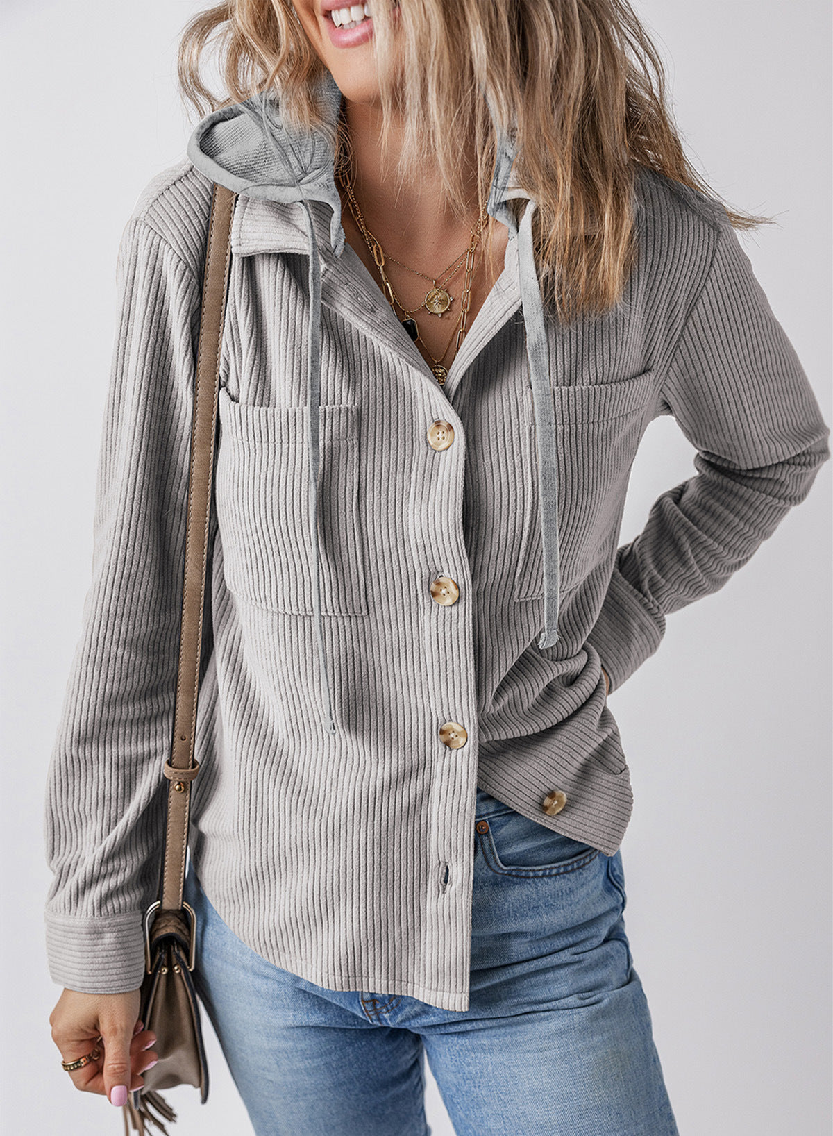 Streetwave Womens Ribbed Shirt Jacket With Hood Casual Chic Outerwear For Everyday Style