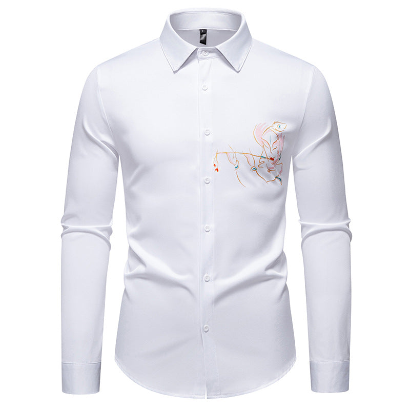 Street-wave Elegant Mens Long Sleeve Shirt With Creative Embroidery Breathable Cotton Office Casual
