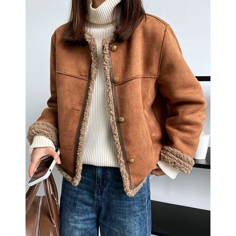 Street-Wave Cozy Faux Shearling Jacket With Fur Trim And Button Front For Women Everyday Style