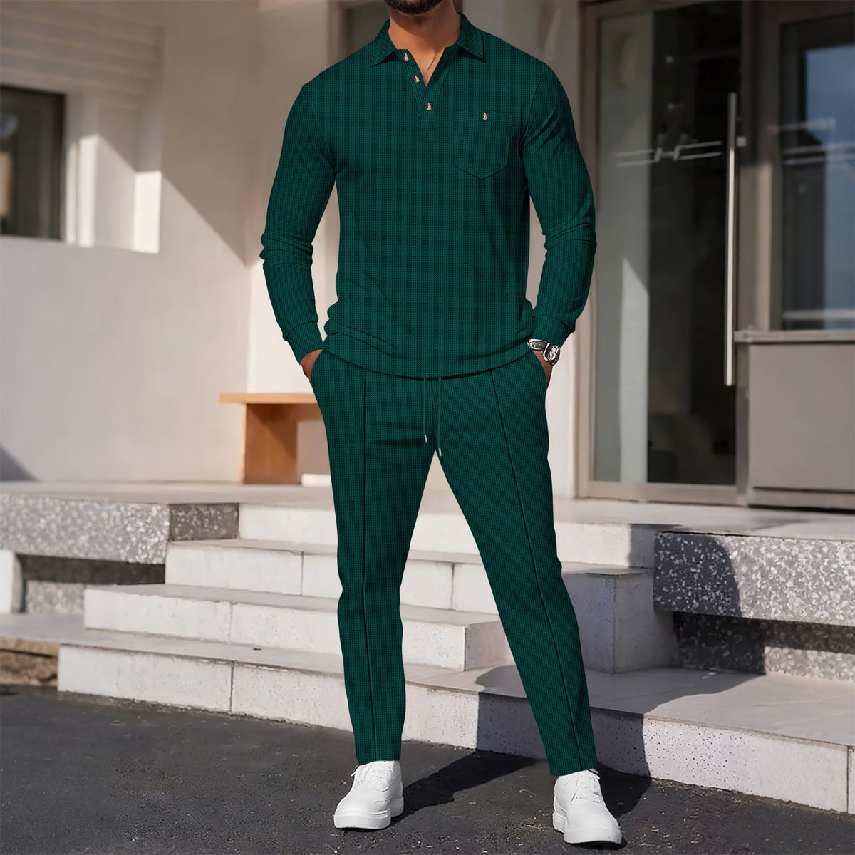 Street-Wave Men's Elegant Casual Suit With Textured Top And Comfortable Pants For Smart Casual