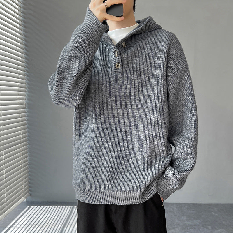 Street Wave Mens Knit Pullover With Button Placket And Hood For Casual Everyday Style Comfort And Cozy