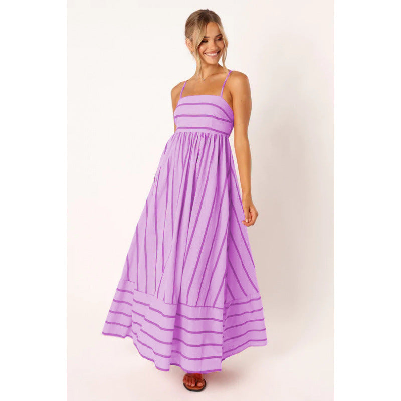 Street Wave Women Striped Maxi Dress With Elastic Waist For Elegant Breathable Comfort