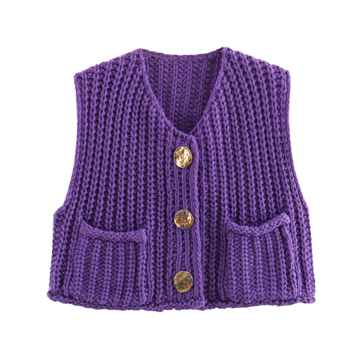 Street-Wave Women Knit Vest With Button Details And Pockets Trendy Breathable Cotton Blend