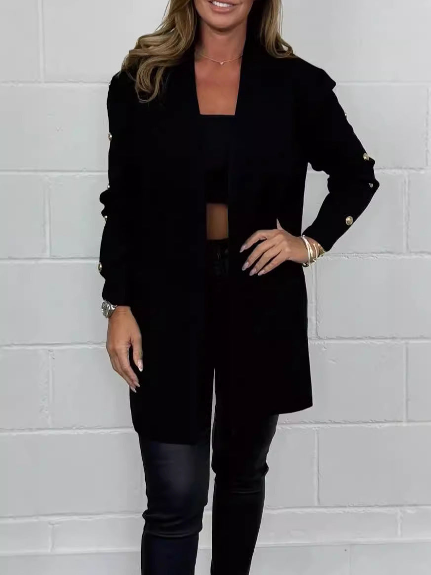 Street-wave Womens Elegant Knit Cardigan With Button Details And Pockets Timeless Chic Outerwear